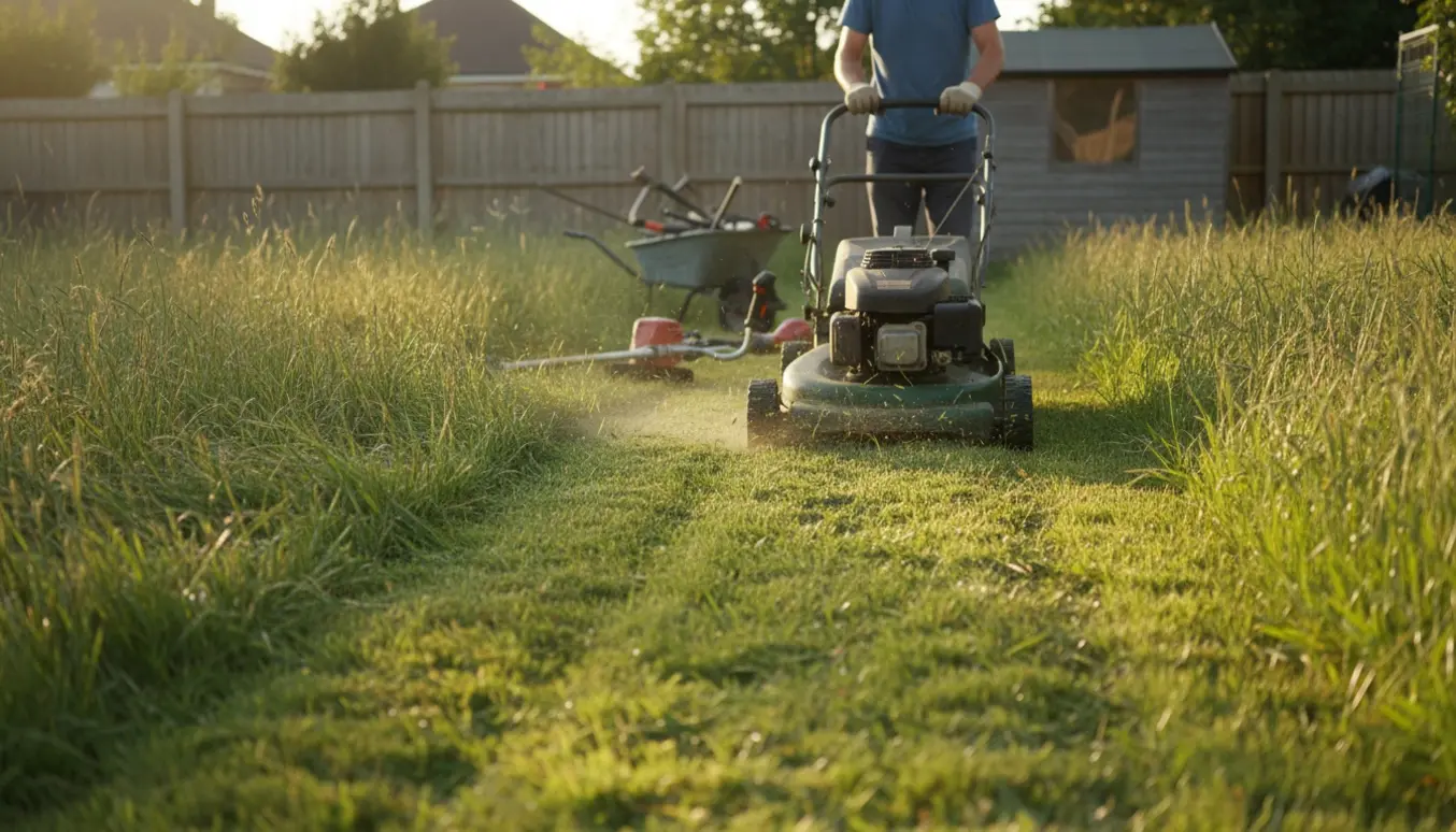 Plæneklipper skærer en ren stribe gennem halvmetershøjt græs i en soloplyst have, personen ses bagfra uden synligt ansigt.