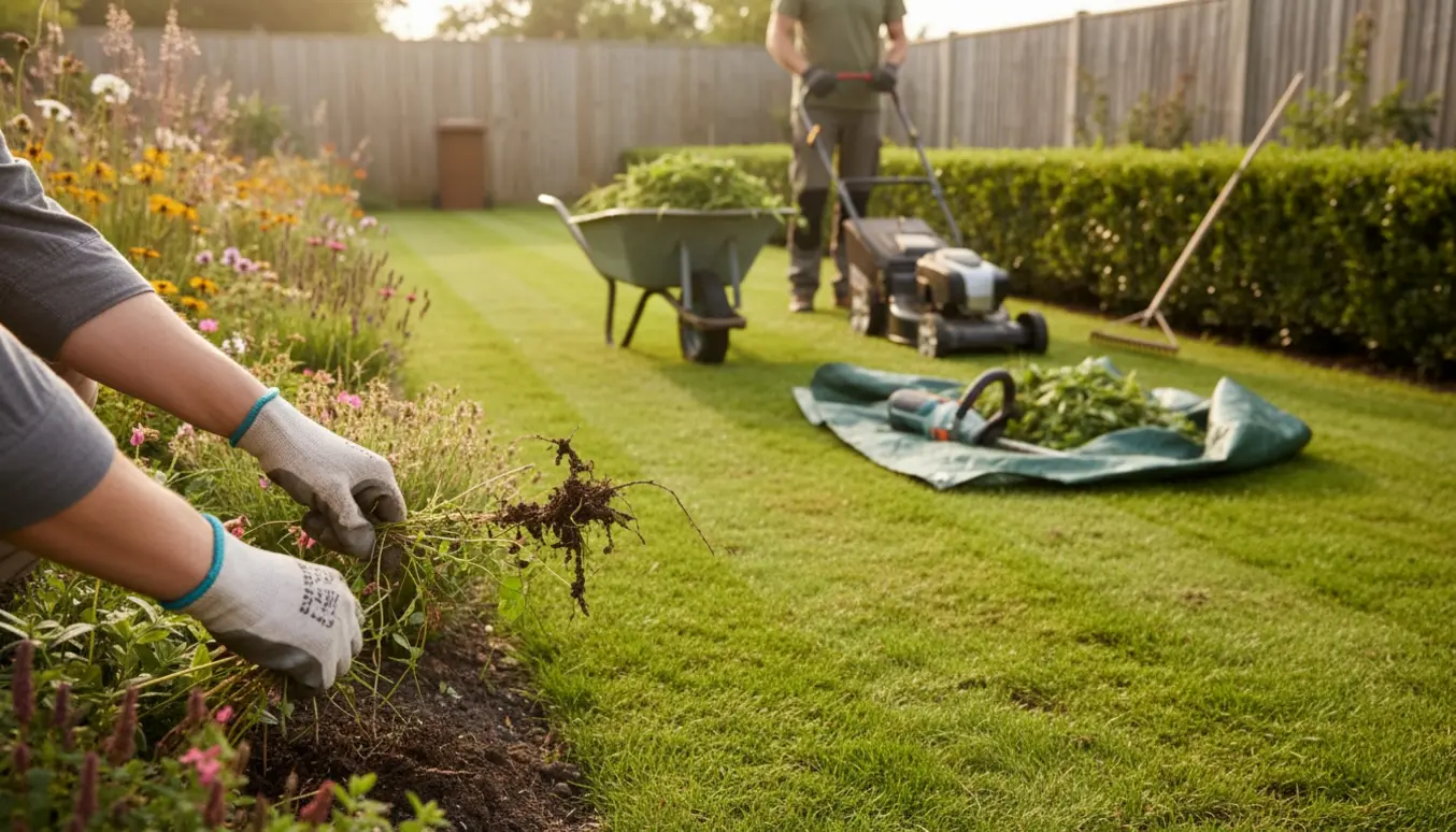 Nyslået græs med klippet hæk, handsker der fjerner ukrudt og en trillebør med haverester.