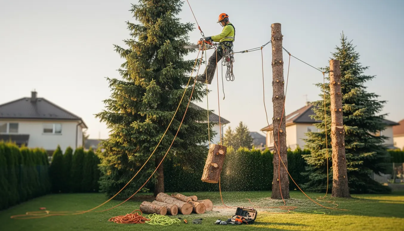 Arborist i seletøj topskærer og sænker afskårne stykker fra to 10 m høje grantræer.