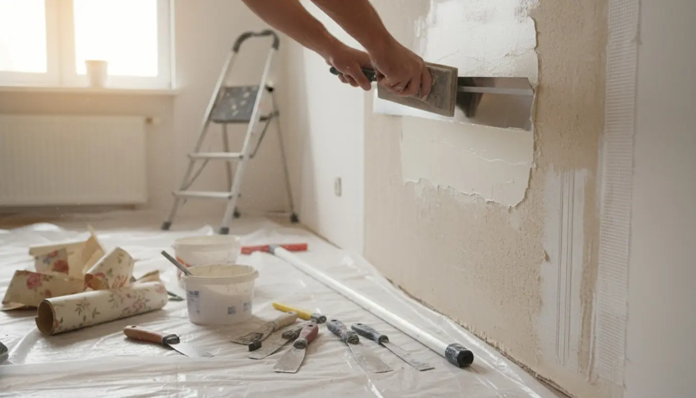 Hænder spartler og sliber en væg, klar til maling efter fjernet tapet.