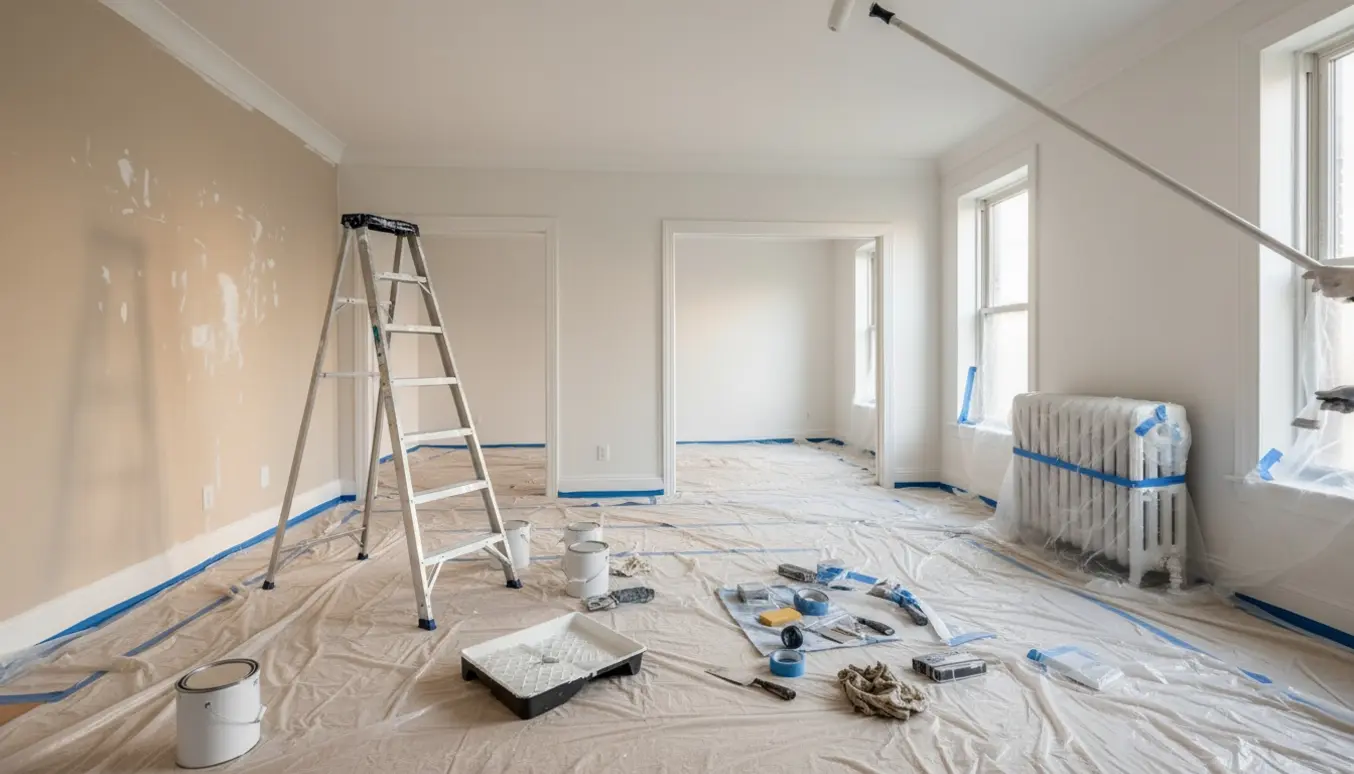 Tomme lejlighedsværelser under maling med afdækket gulv, spartlede vægge, malerværktøj og en delvist nymalede radiator.