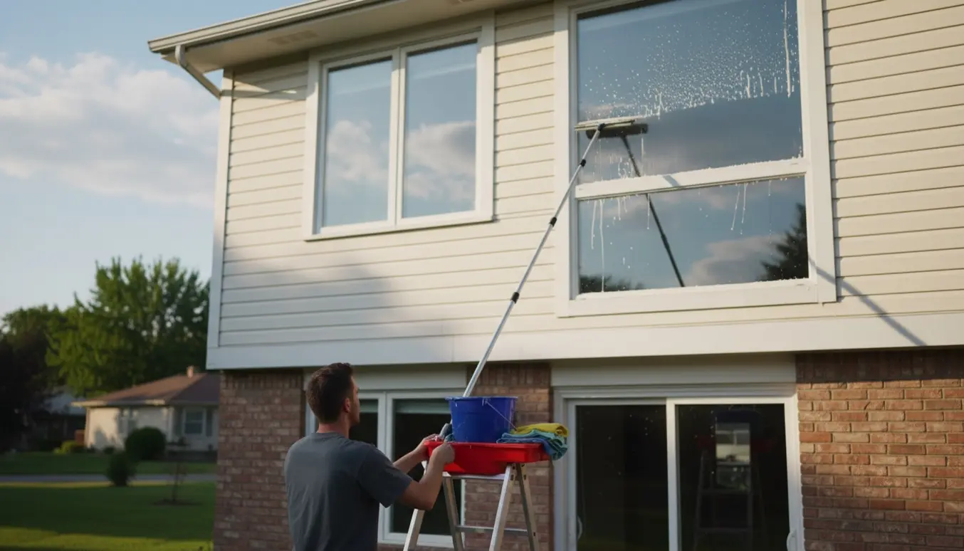 En person på stige pudser husets udvendige vinduer og terrassedør med squeegee og spand.