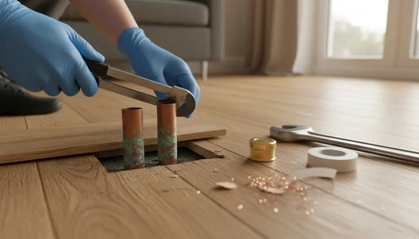 To radiatorrør stikker op gennem et hul i gulvet, en handske-klædt hånd holder en rørskærer med værktøj og dæksler klar ved siden af.