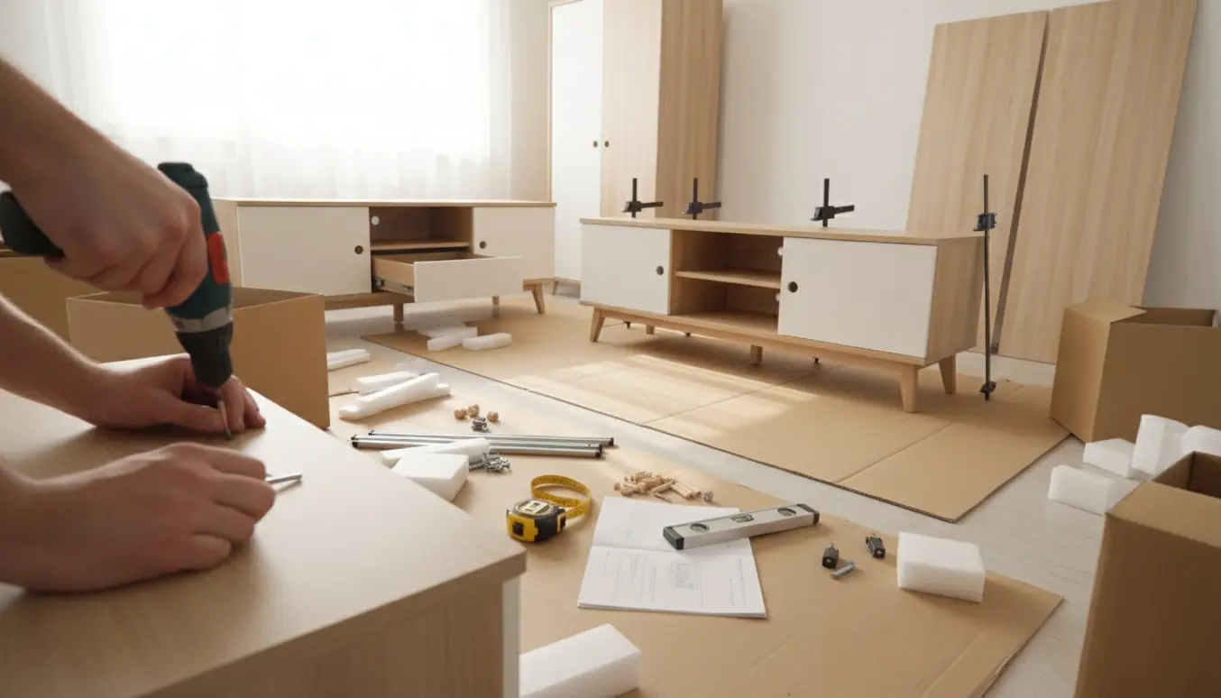 Hænder samler et tv-bord, en skænk og en garderobe i en lys stue med værktøj spredt omkring.