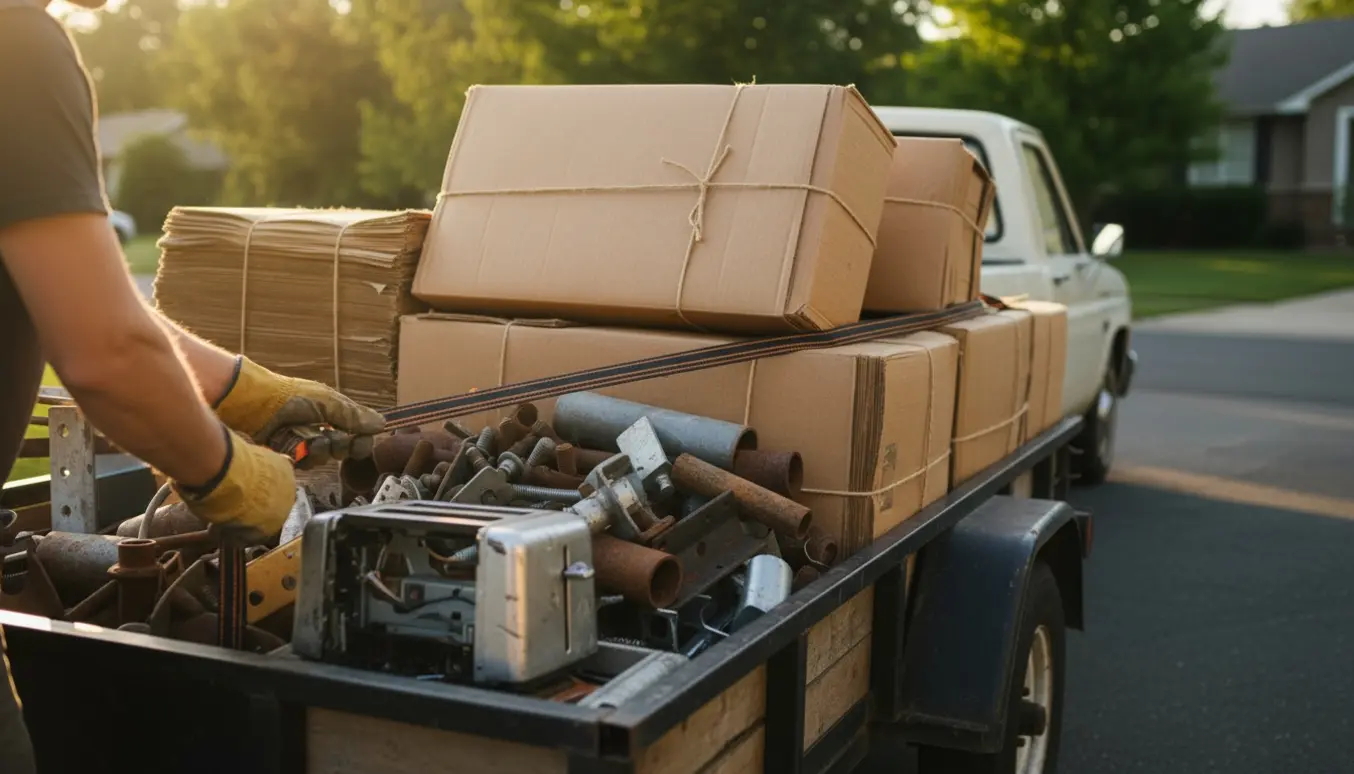 Bundter af pap og sorteret metalaffald læsset i en unbranded trailer, klar til aflevering på genbrugspladsen.