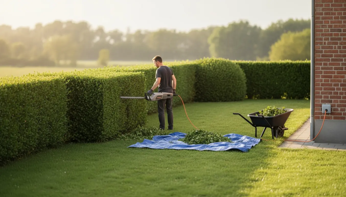 En hjørnegrundshæk viser nyligt trimmede sektioner med en elektrisk hækklipper og afklip samlet ved en trillebør.