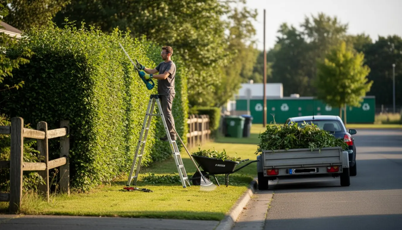 En person klipper en lang hæk i blødt septemberlys med en trailer fyldt med grøntaffald klar ved fortovet.