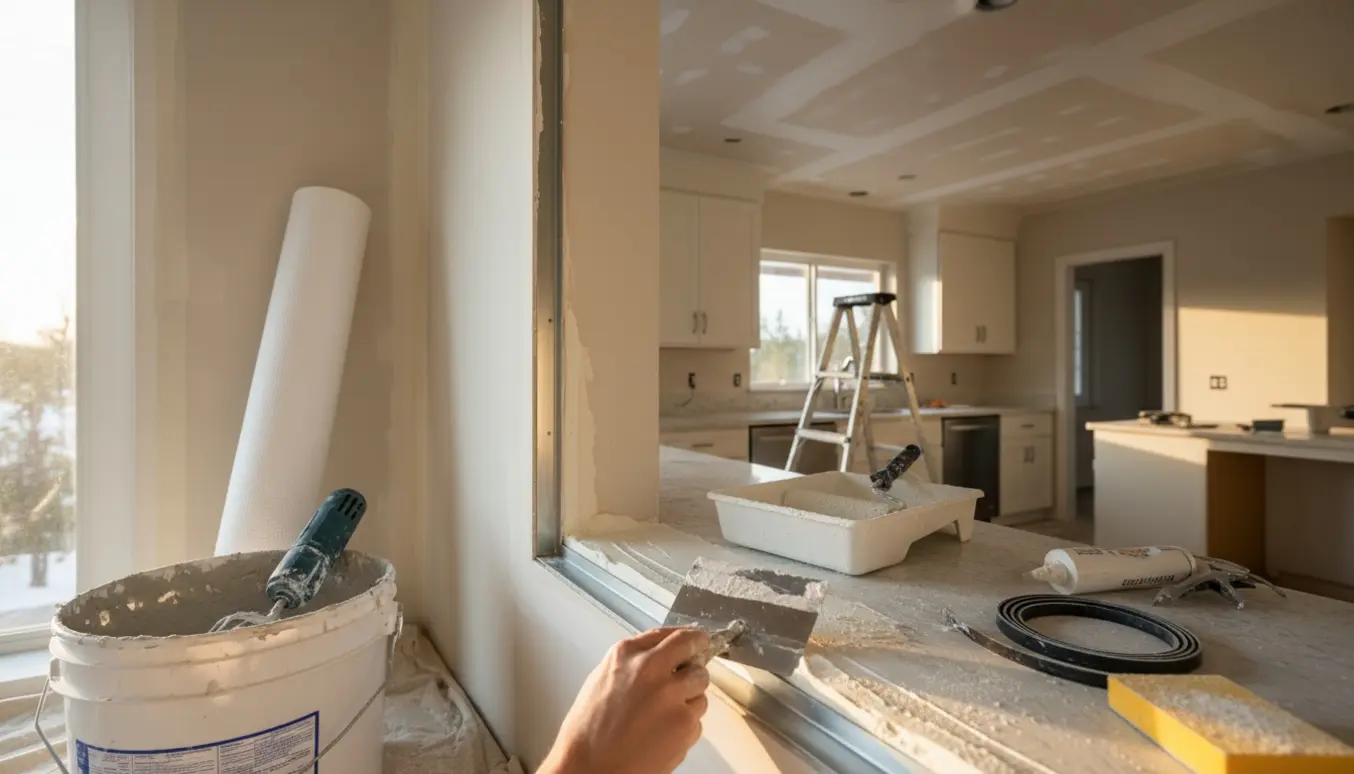 Køkken under renovering med spartelkanter ved vindue, filt, spartelmasse, malerudstyr og fugepistol.