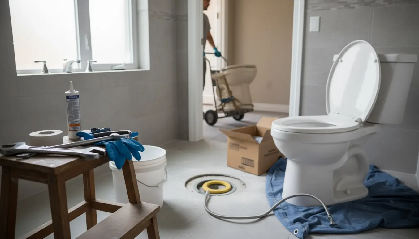 Et nyt toilet står klar i badeværelset, mens et gammelt toilet bæres ud på en lille trillevogn.