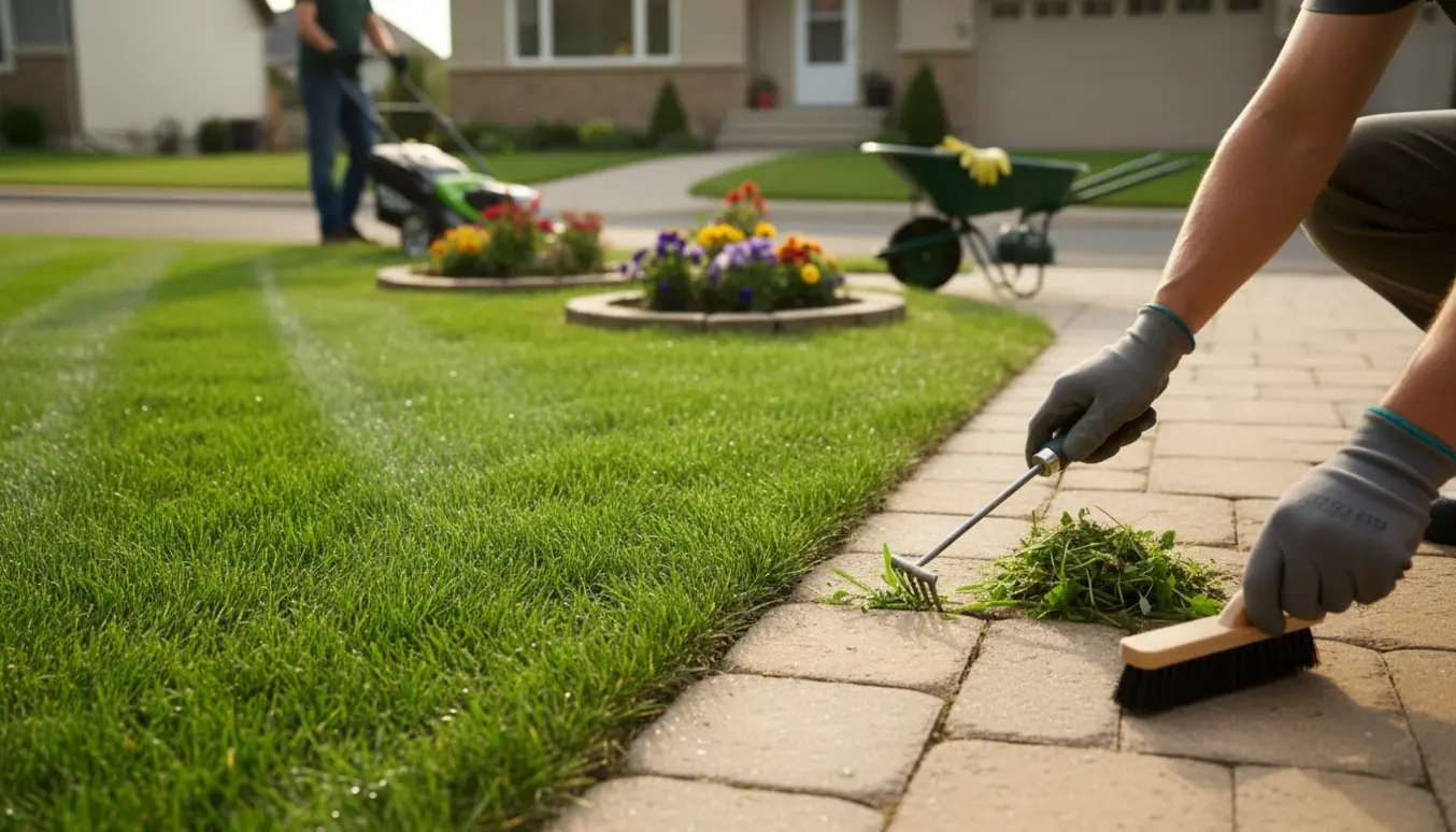 Hænder fjerner ukrudt mellem terrassens fliser, mens en nyslået plæne med græsslåmaskine ses i baggrunden.