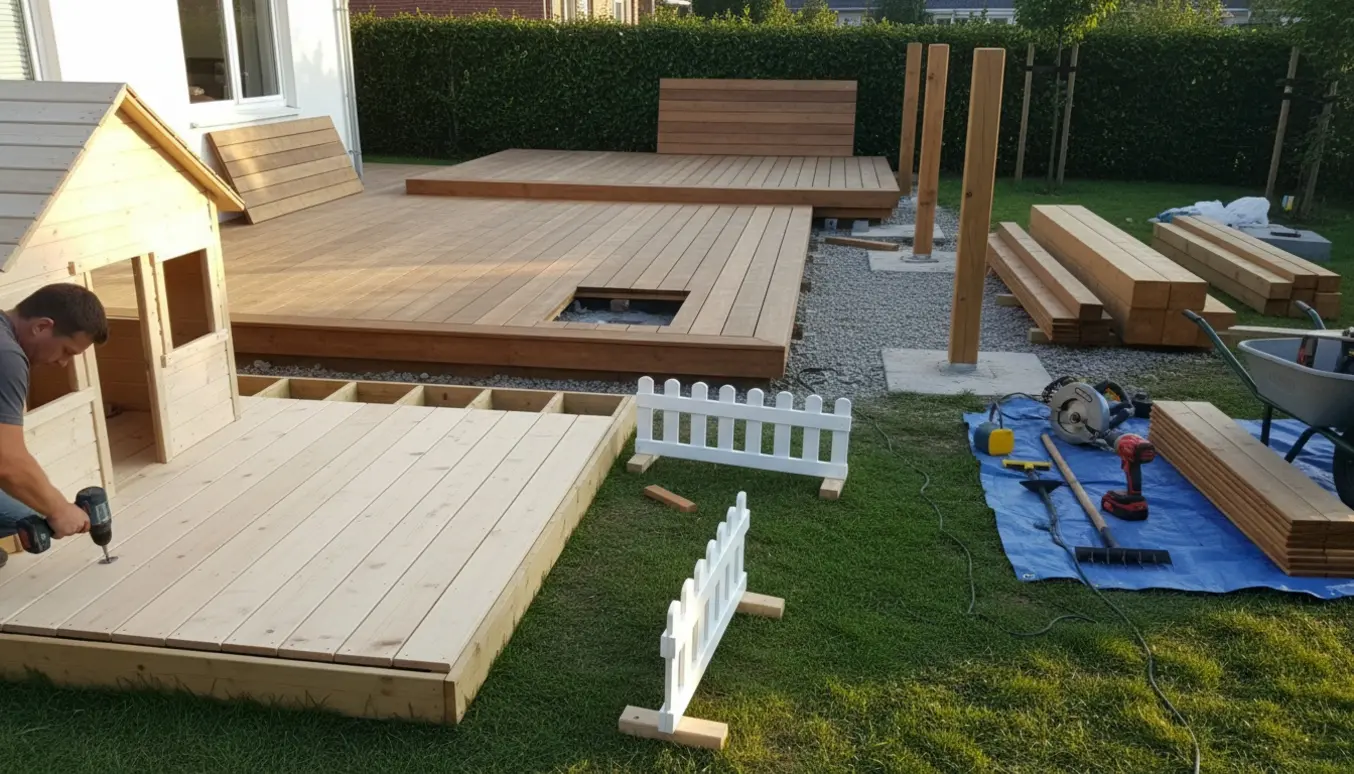 Tre terrasser under opbygning i en baghave med fundament, stablede brædder, værktøj og et lille stakit.