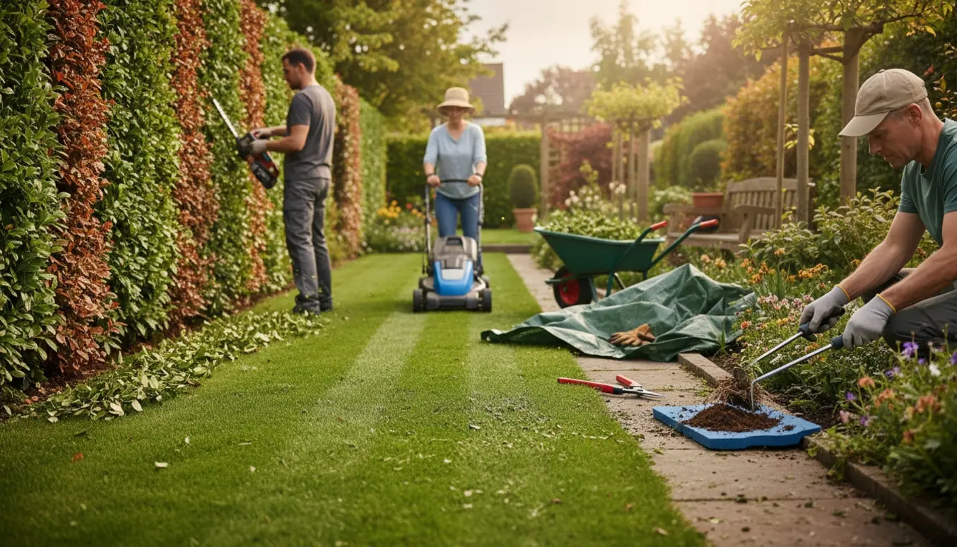 Bagfra klippes liguster- og bøgehæk, nyslået plæne og hænder luger ukrudt i et blomsterbed.