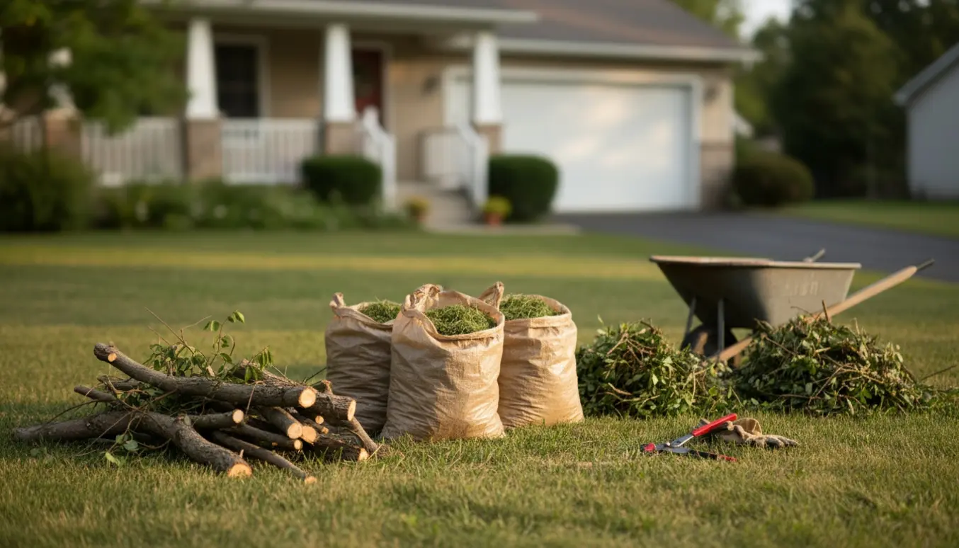 Forhave med stakke af grene, poser med græs og en bunke hækafklip klar til afhentning.
