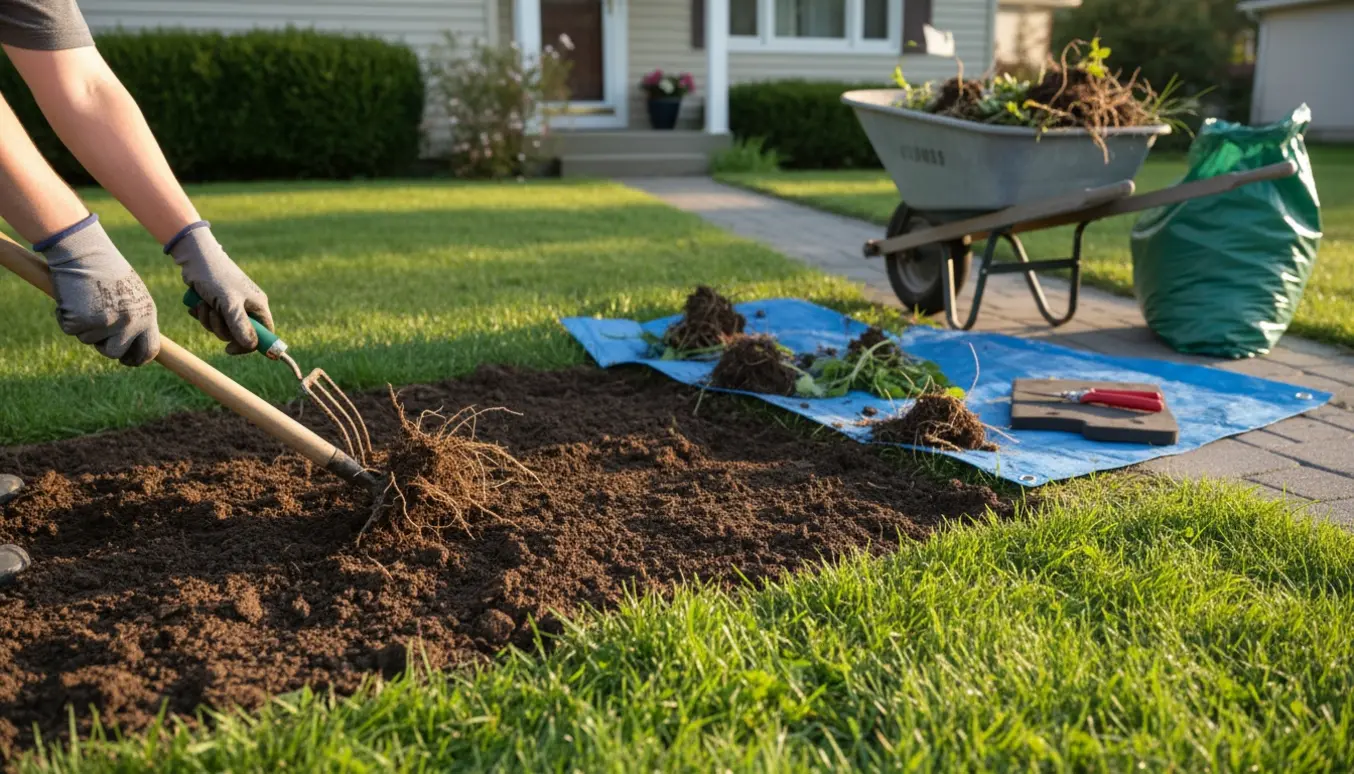 Forhave hvor ukrudt bliver fjernet med hakke og trillebør, med bunker af oprukket ukrudt og frisk jord.
