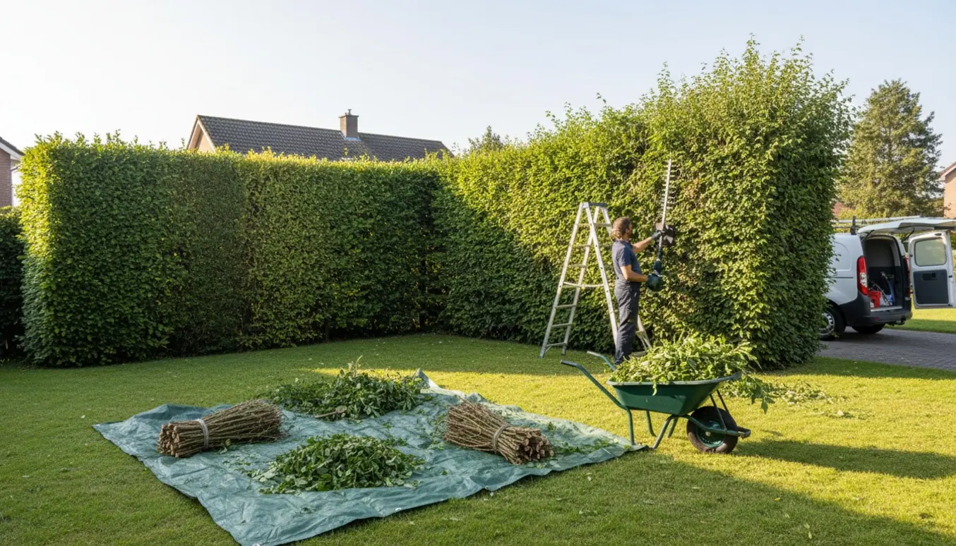 Meget høj L-formet hæk klippes ned til ens højde, og afklippede grene samles til bortkørsel.