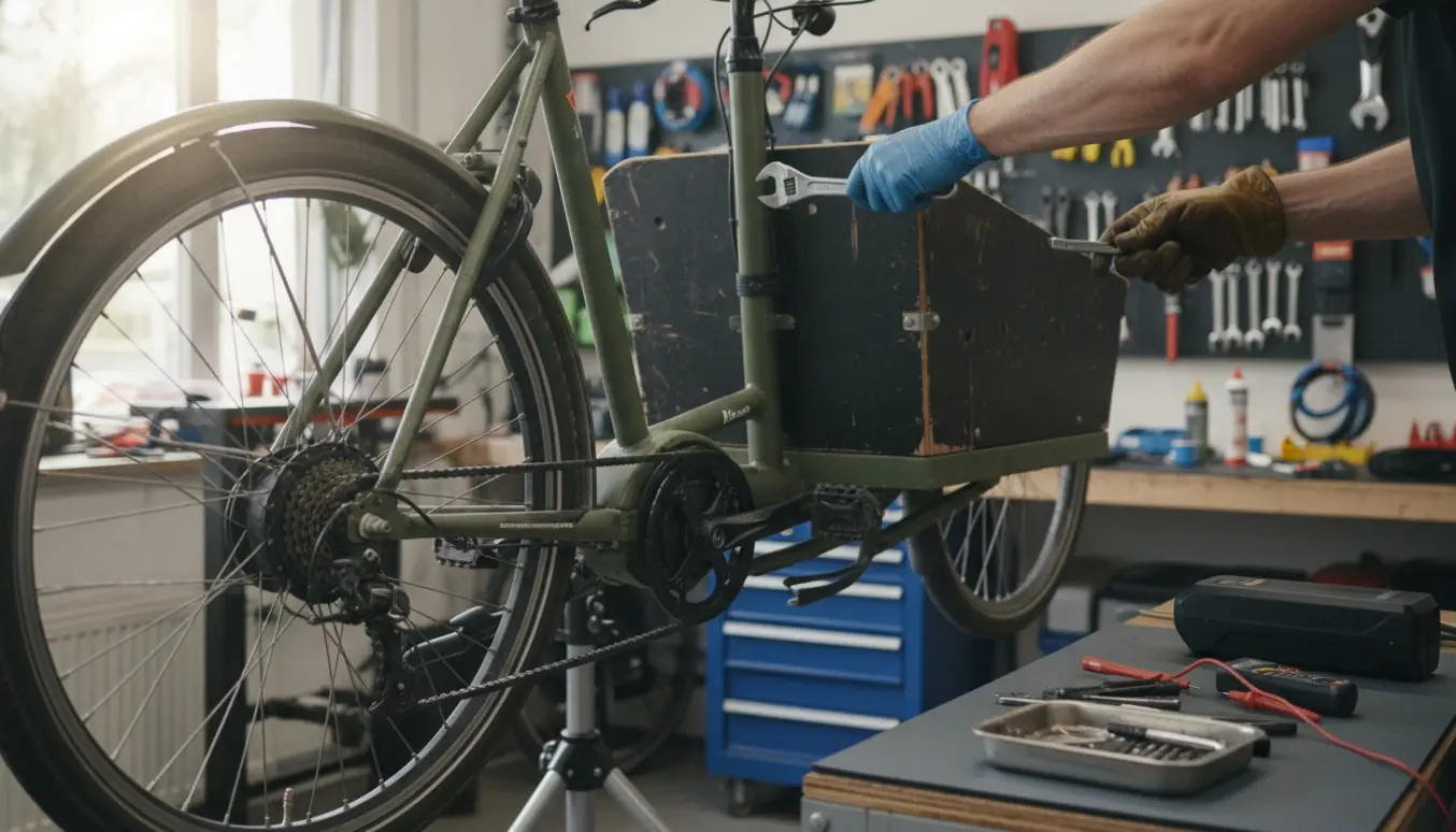 Hænder eftersyr en elektrisk ladcykel på et ordentligt værksted med værktøj og batteri ved siden af.