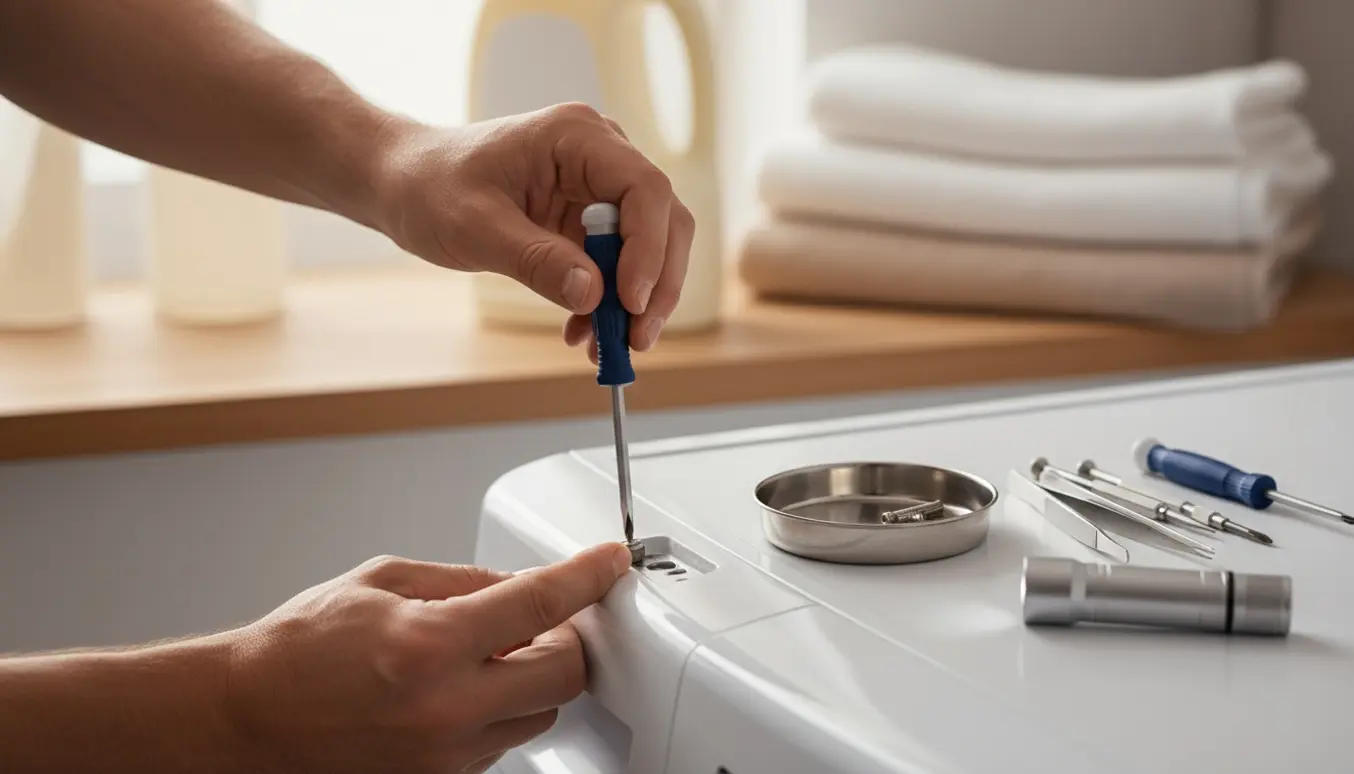 Nærbillede af hænder, der spænder en skrue i lågen på en frontbetjent vaskemaskine med skruetrækker og små reservedele.