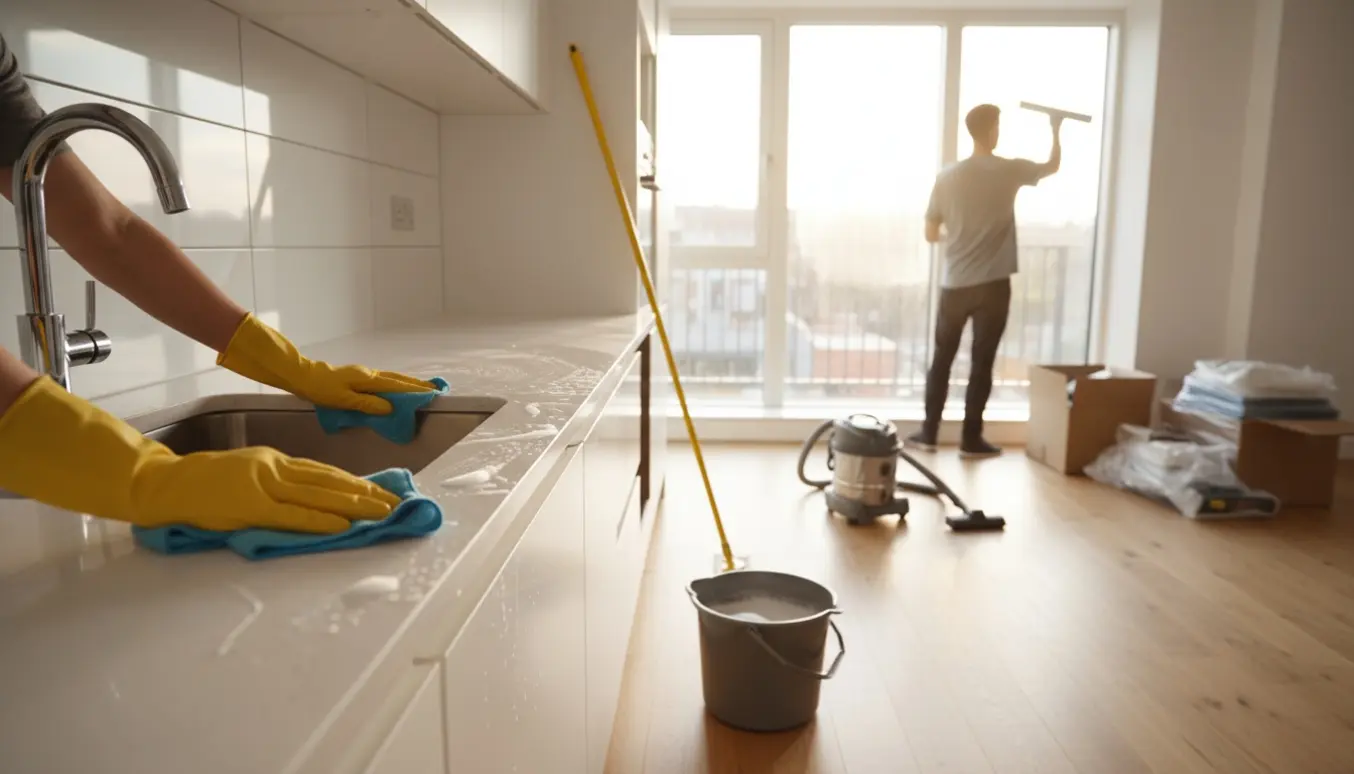 Tom lejlighed under slutrengøring med rengøringshandsker, klud, spand og flyttekasser i baggrunden.