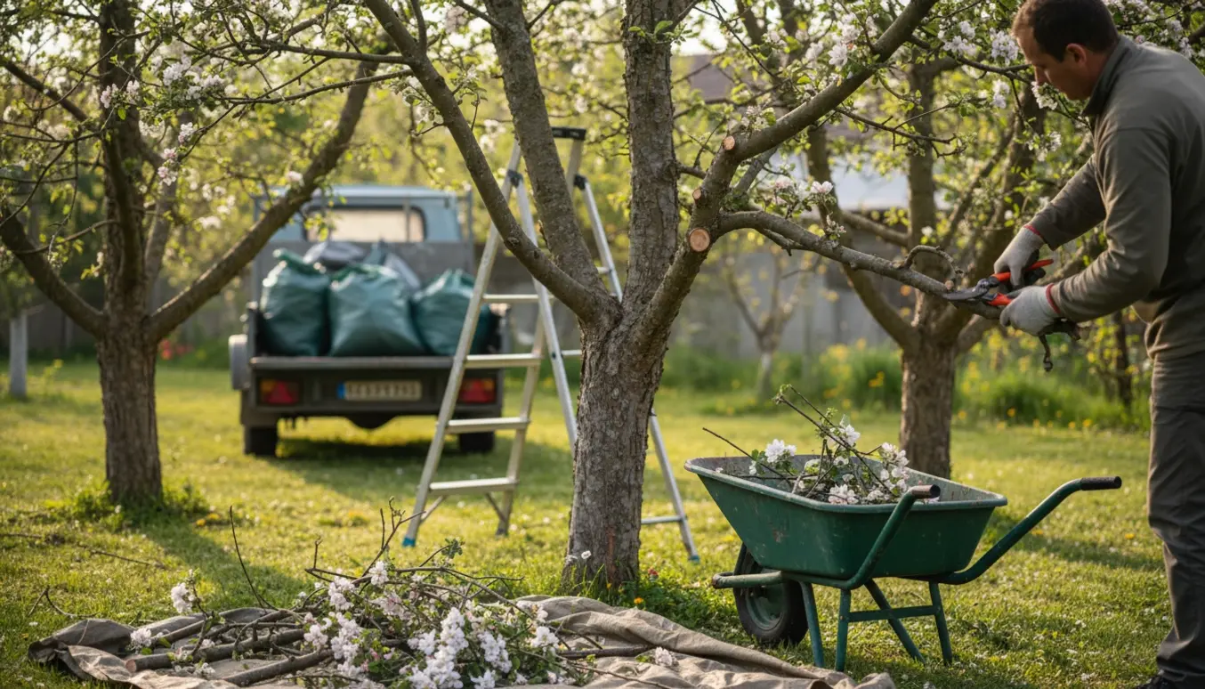 Fire modne æbletræer i en have bliver beskåret, med stige, beskæringssaks, bunker af afklippede grene og trailer til bortkørsel.