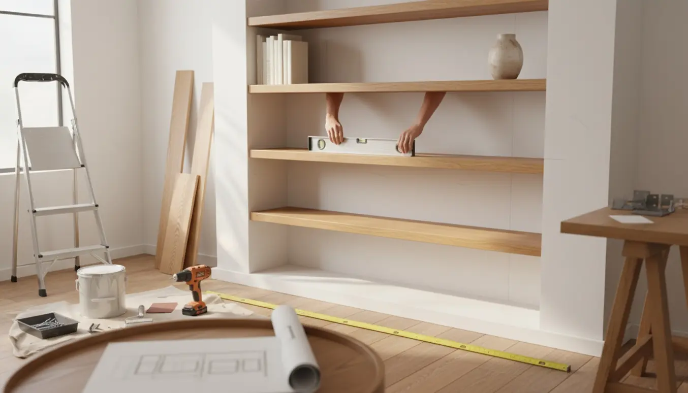 Delvist monteret indbygget bogreol i stuen med værktøj og malerudstyr, uden synlige ansigter.