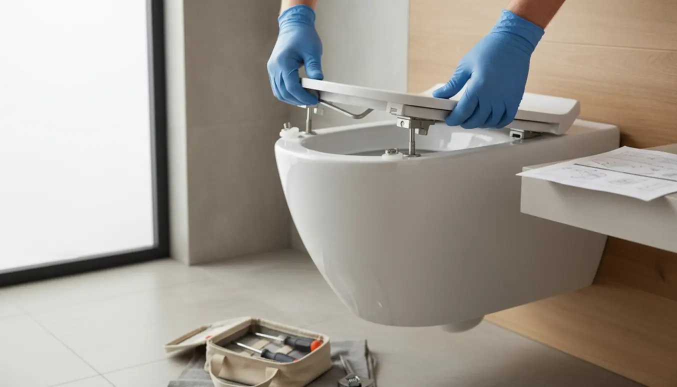 Nærbillede af montering af et toiletsæde på et hvidt væghængt toilet med skjulte beslag og værktøj ved siden af.