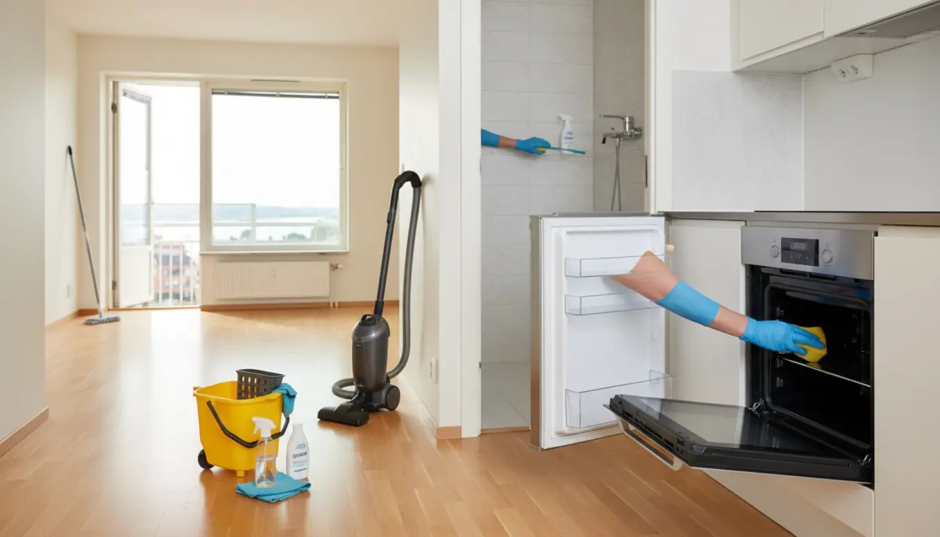 Tom 3-værelses lejlighed under slutrengøring med rengøringsudstyr, støvsuger, moppe og handsker, mens ovn og badeværelse rengøres.