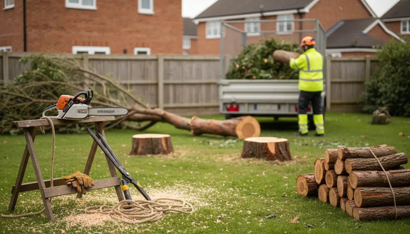 Tre mellemstore træer fældet tæt ved jorden med skårne stammer, savklinge og bunker af grene klar til bortskaffelse.