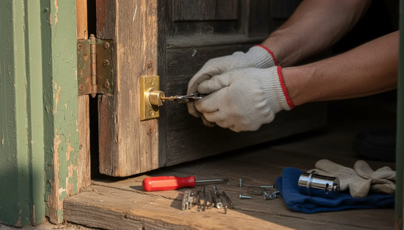 Nærbillede af hænder, der udskifter en sprukken nøgle og skifter låsecylinder i en slidt trædør med værktøj ved siden af.