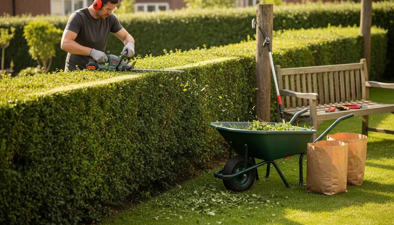 En gartner klipper toppen af et tæt buskads med en hækkeklipper, mens en trillebør fyldes med afklip.