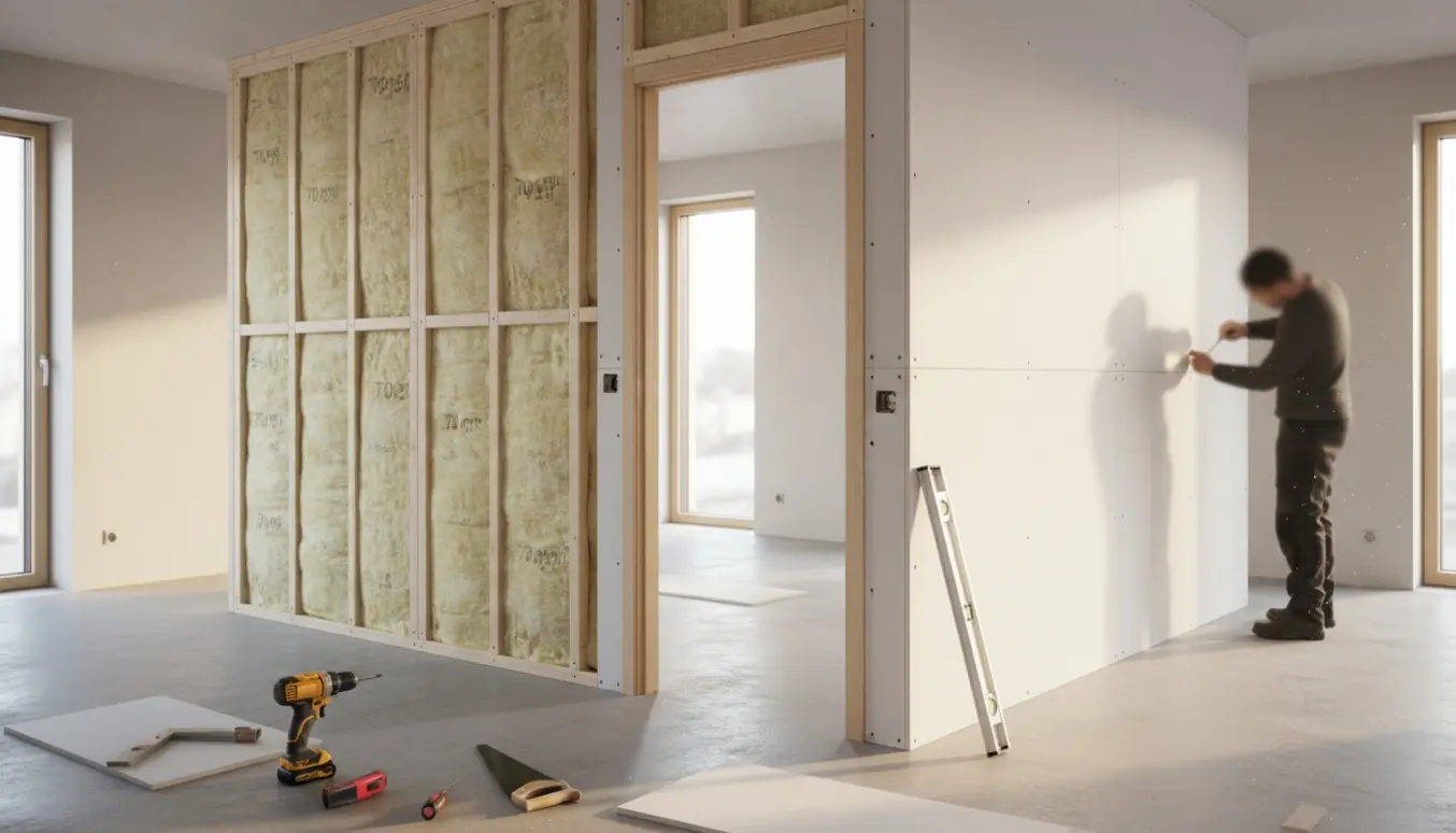 Partielt monteret skillevæg med 70 mm isolering og en standard indvendig dør under installation.