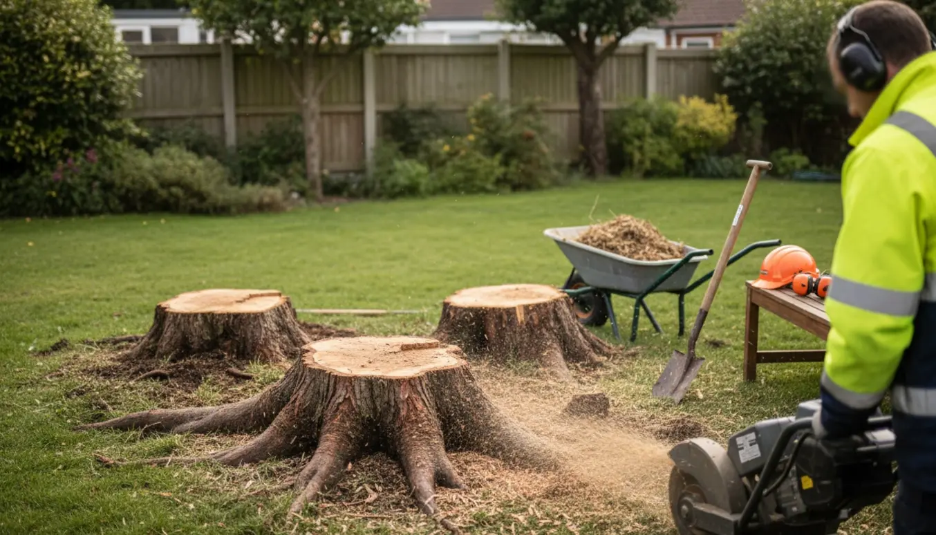 Tre stubbe på ca. 40–50 cm fræses væk i en have med fræser, savsmuld og synlige rødder.