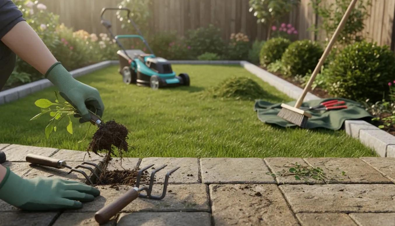 Hænder luger ukrudt mellem fliser i en lille have med nyklippet græs og beskårede buske.