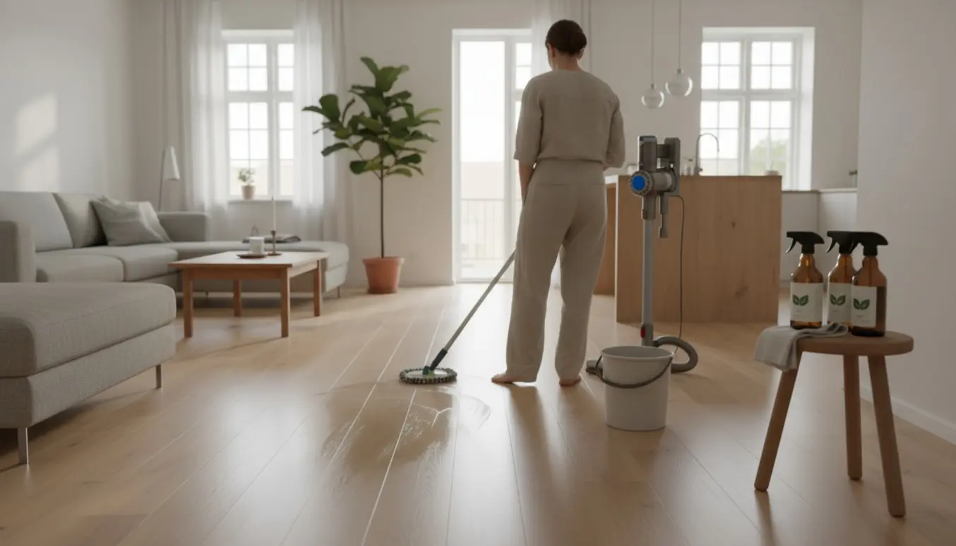 Moderne Frederiksberg-lejlighed med rengøringsudstyr og nypudset gulv i dagslys.