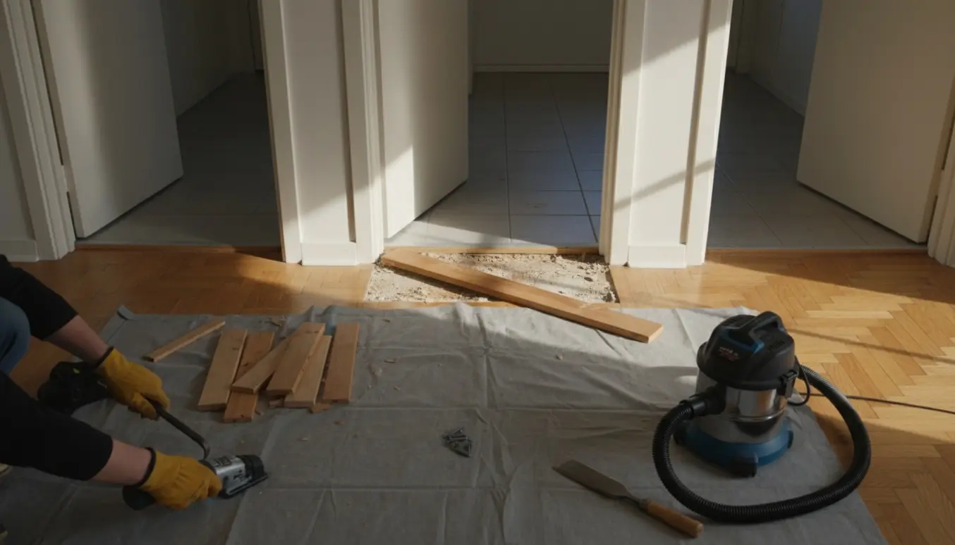 Nærbillede af fjernelse af dørtrin i en lys lejlighed med værktøj og synlig gulvovergang.