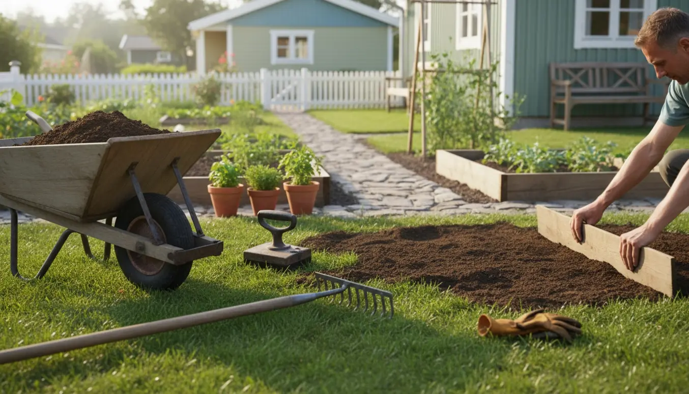 Hænder udjævner en lille kolonihavegræsplæne med rive og levlingsbræt foran et lille kolonihavehus.