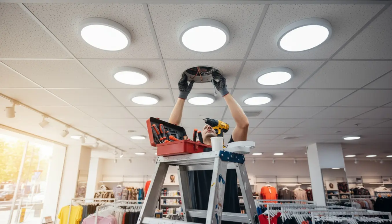 En tekniker på en stige udskifter indbygnings-LED-spot i butikens loft med værktøj og reservedele ved siden af.