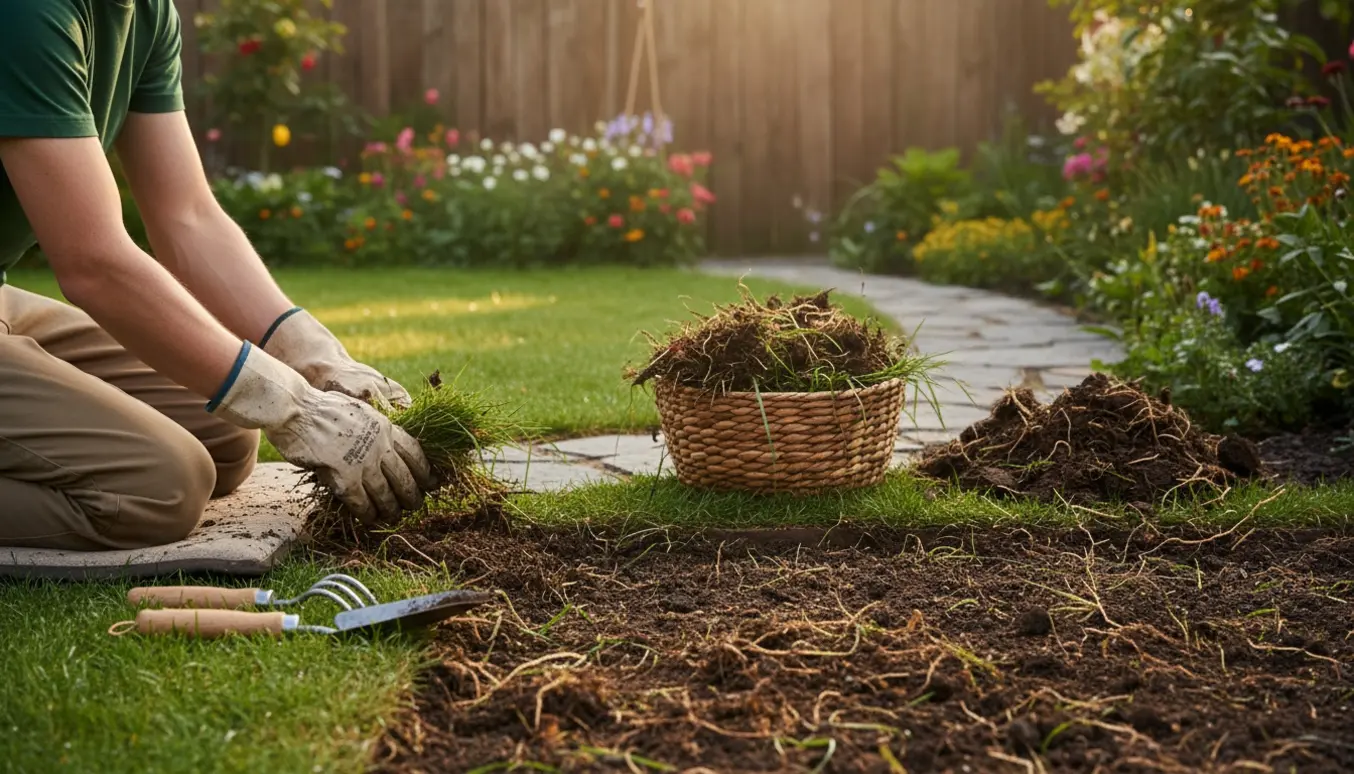 Person på knæ fjerner ukrudt og græstumper fra kanten af græsplænen med håndredskaber.
