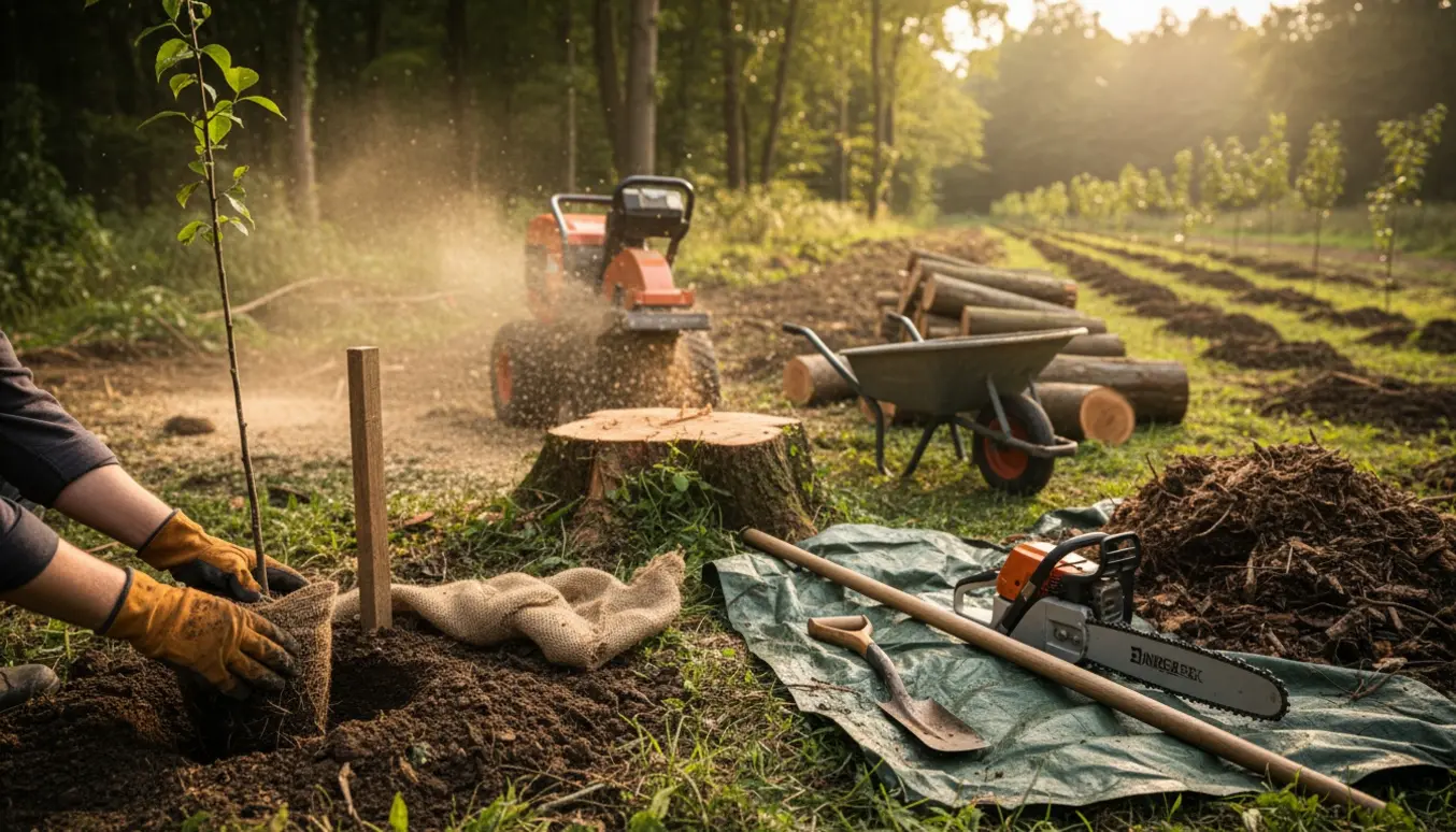 Delvis rydning af grund med rodfræser i arbejde og en person, der planter et ungt træ.