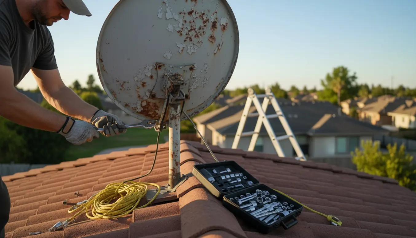 Person på stige fjerner en gammel rusten parabol og monteringsstang fra et enfamiliehus med valmtag.