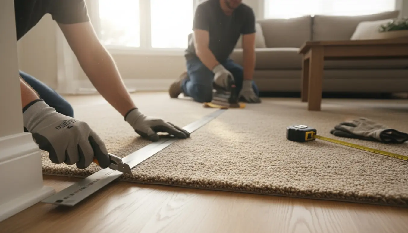 Hænder trimmer og samler et gulvtæppe i en solbeskinnet stue med værktøj omkring.