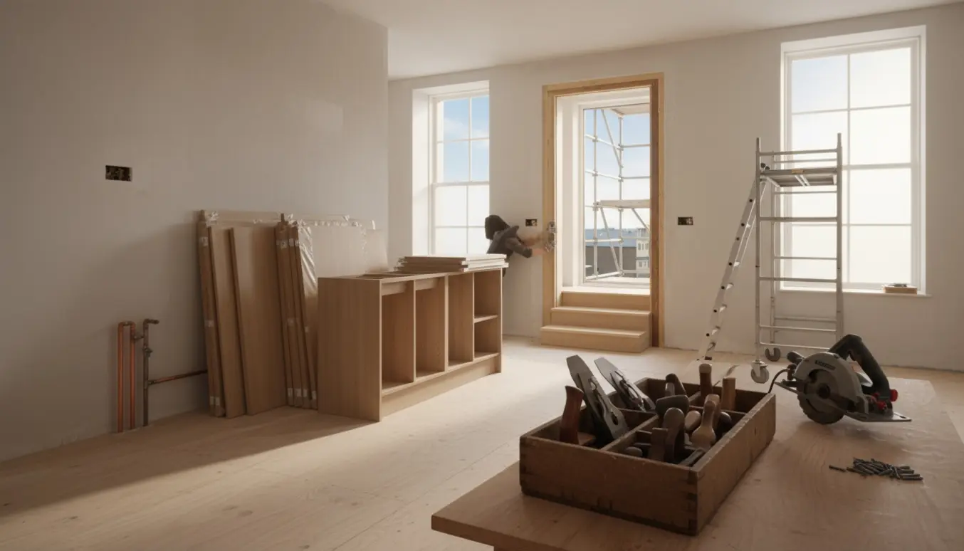 Førstesal under ombygning til selvstændig lejlighed med stiger, stillads, køkkenmoduler og gammelt værktøj.