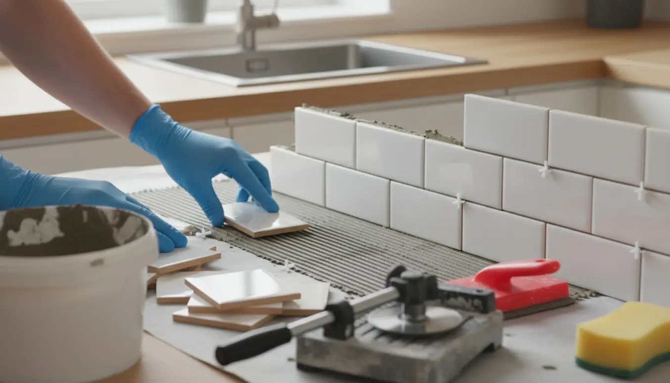 Nærbillede af fliseopsætning i et køkken, hænder sætter hvide metrofliser op med mørtel og fliseskærer på bordet.