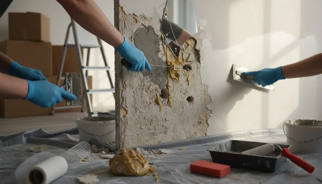 Nærfoto af håndværkerhænders arbejde med at fjerne spejl og spartle og filte en 4x2,5 m væg, med værktøj og flyttekasser i baggrunden.