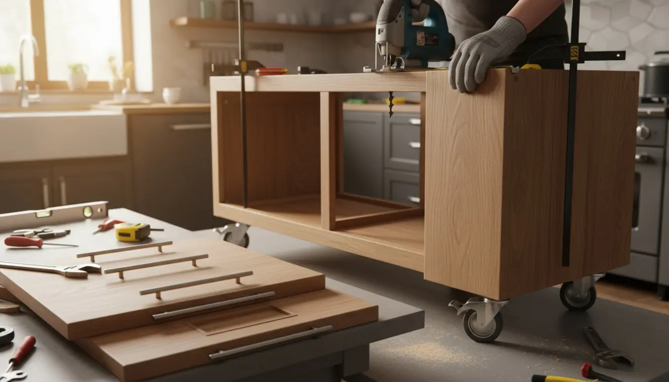 Et mobilt køkkenmodul under tilpasning med afmonteret skab, forkortet bundplade med hjul og værktøj klar til montering.