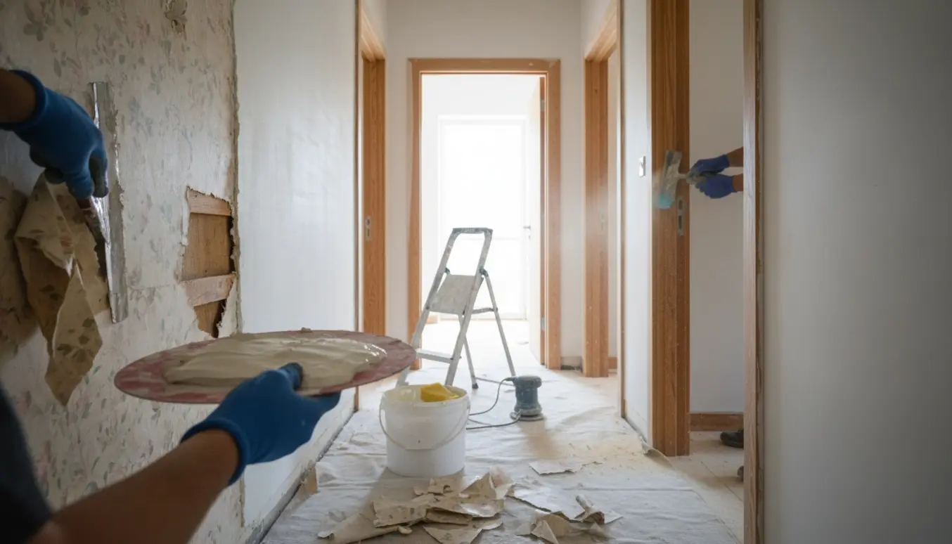 En person fjerner tapet og pudser vægge i en smal gang, mens en dørkarm slibes.