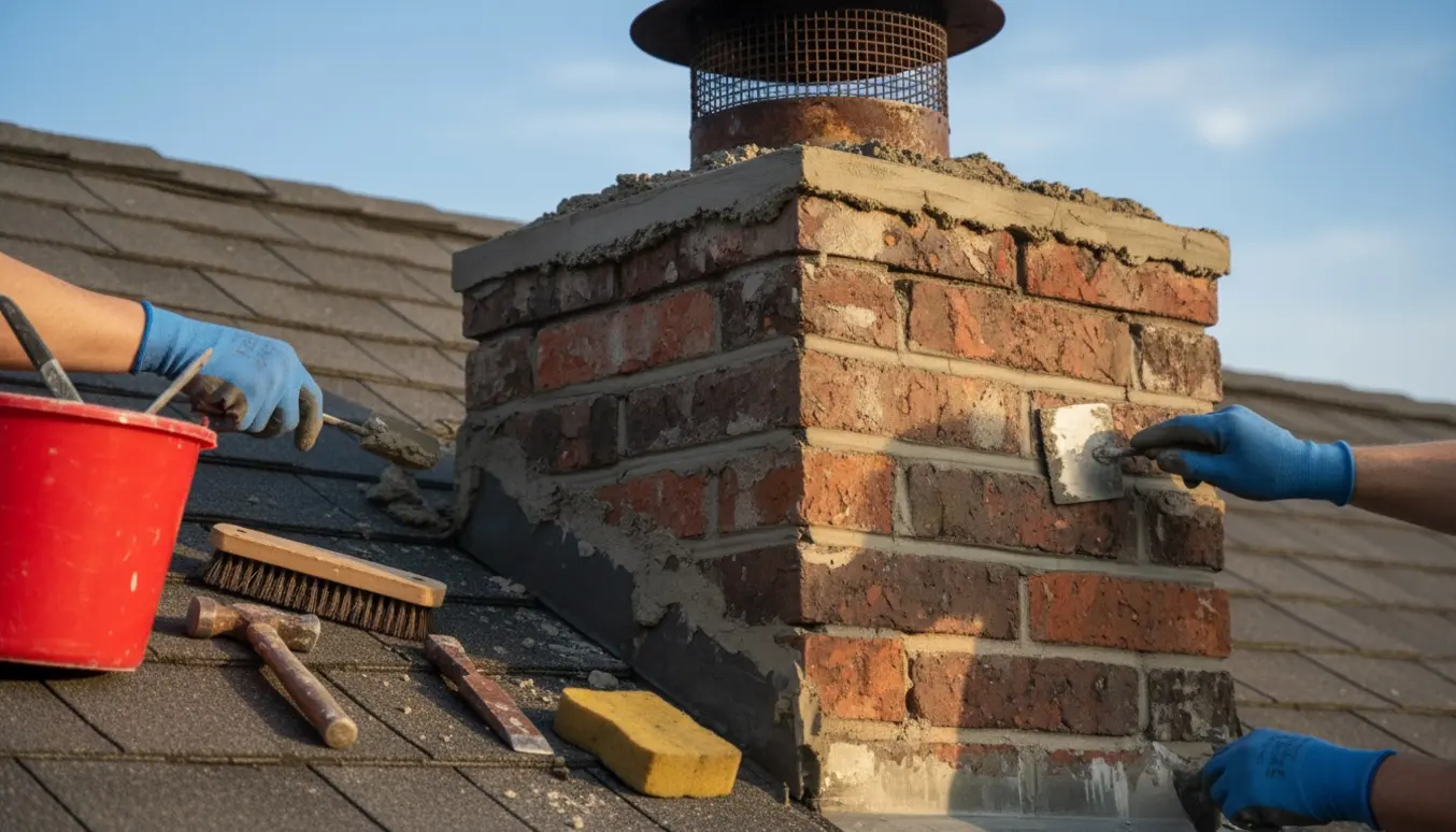 Nærbillede af en skorsten på taget, hvor fuge udskiftes og topbeton lappes med murerværktøj.