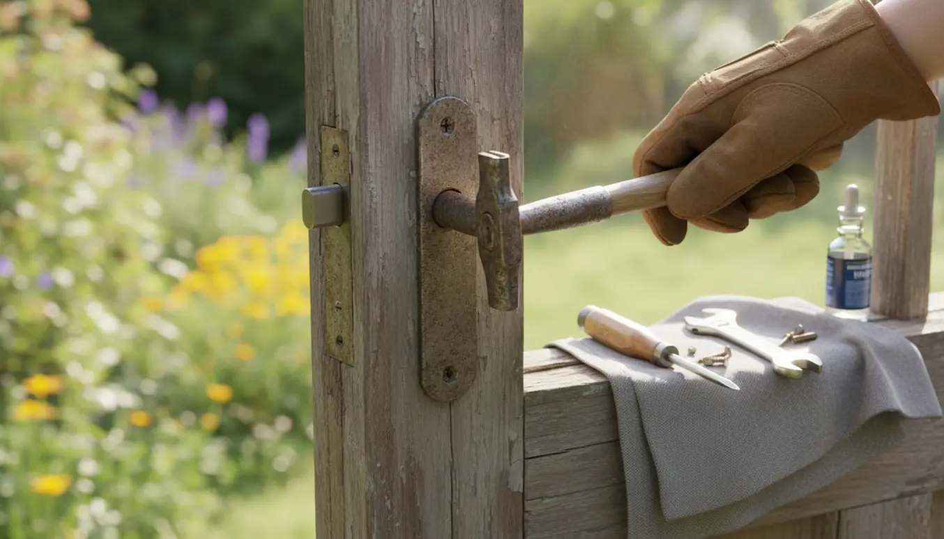 Nærbillede af et fastklemt havedørshåndtag, hvor en handskebeklædt hånd let banker på håndtaget med en lille hammer.