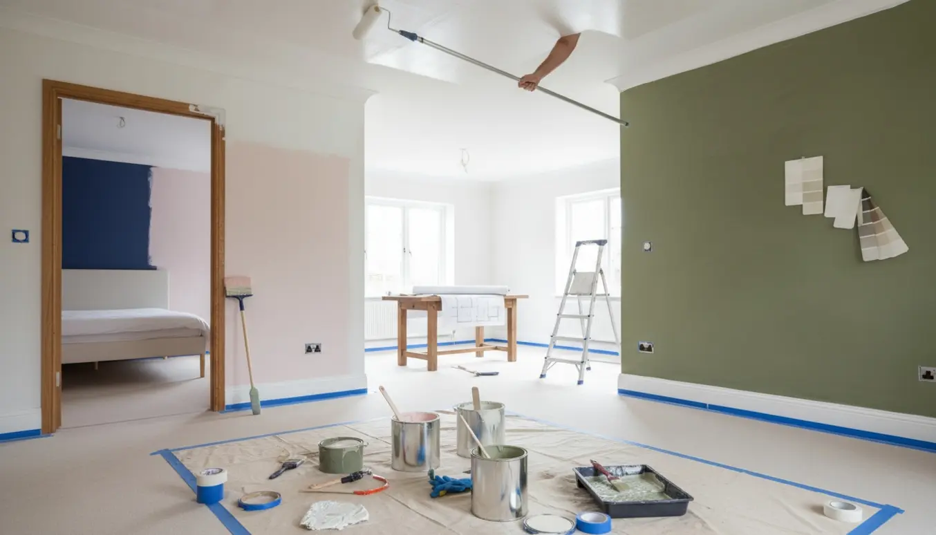 Køkkenalrum under maling med hvidt loft, lysrosa overmaling af blå soveværelsesvæg og olivengrøn kalkmalet accentvæg.