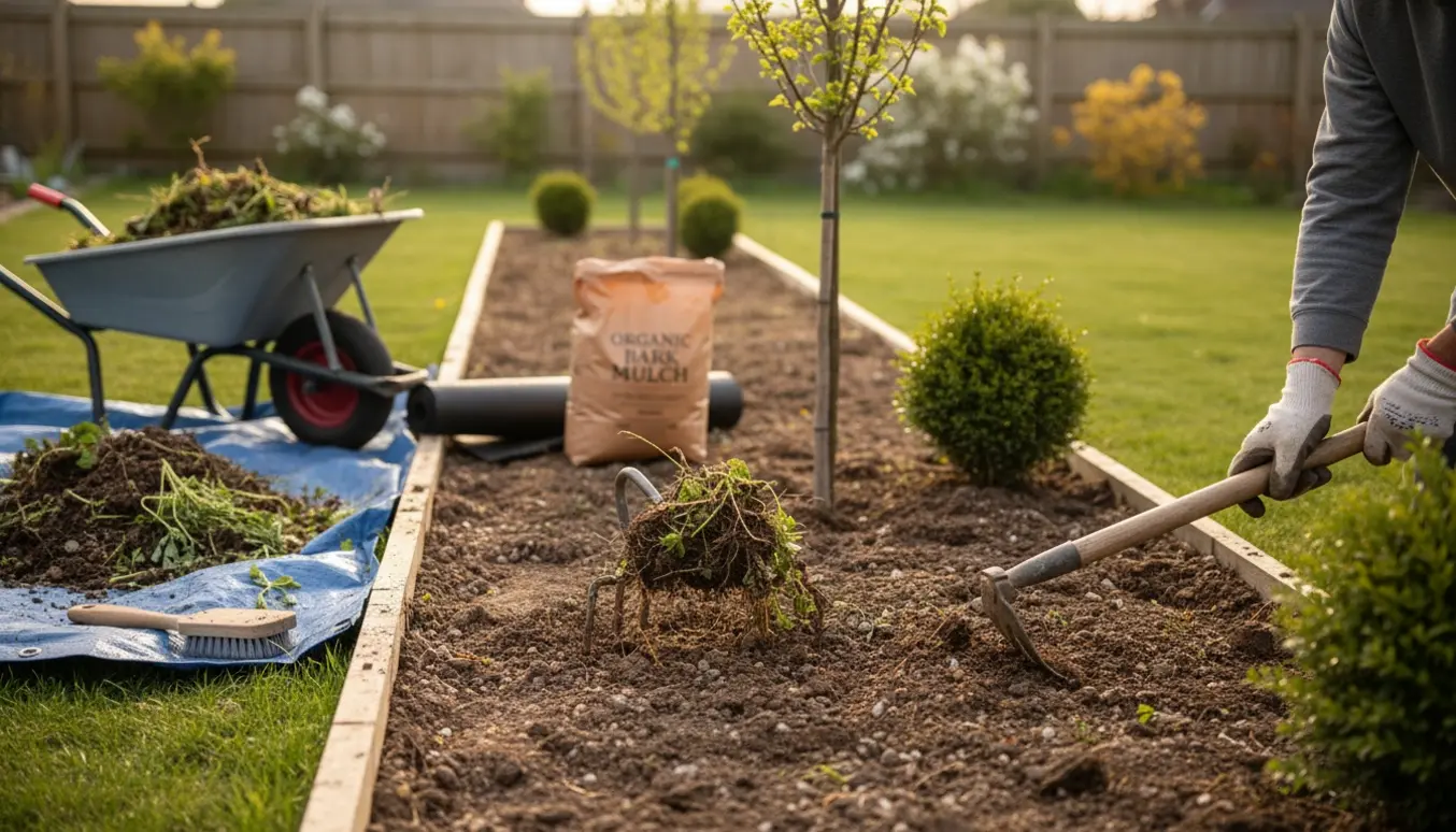 Et aflangt cirka 2x10 meter bed under lugning, kun et lille træ og to hækplanter står tilbage.