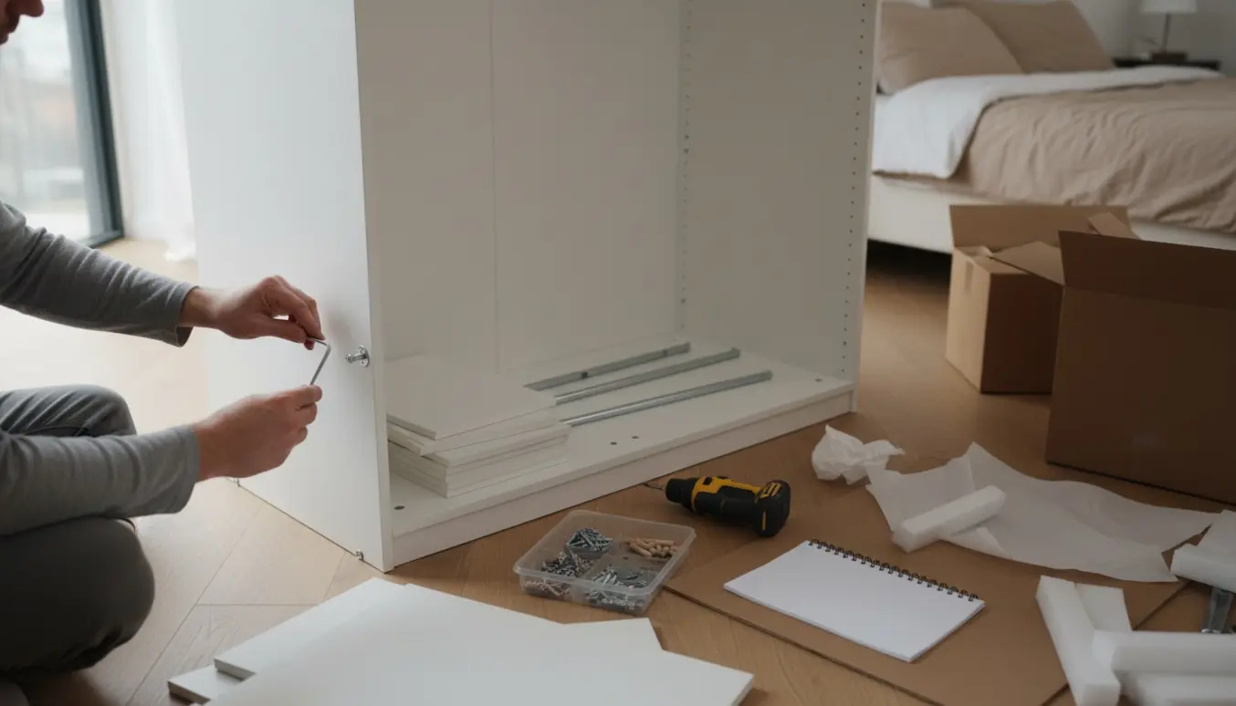 Hænder samler et fladtpakket garderobeskab på et lyst trægulv med værktøj og dele lagt ud omkring.
